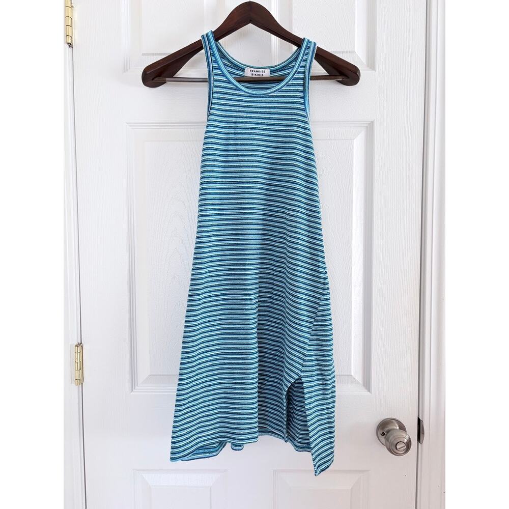 Frankies Bikinis Striped French Terry Tank Mini Dress Blue L